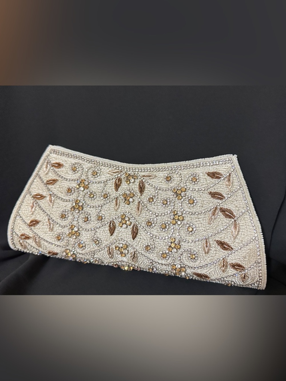 Embellished Beaded Ivory Evening Clutch with Bronze and Silver Accents